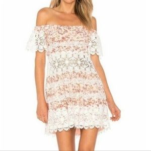 For love and lemons lace off the shoulder pink dress